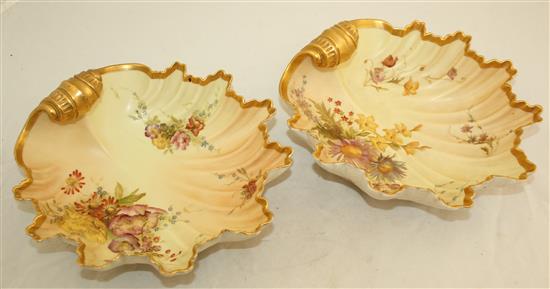 A pair of Royal Worcester blush ivory shell shaped dishes, c.1894/5, 23.5cm, one re-stuck